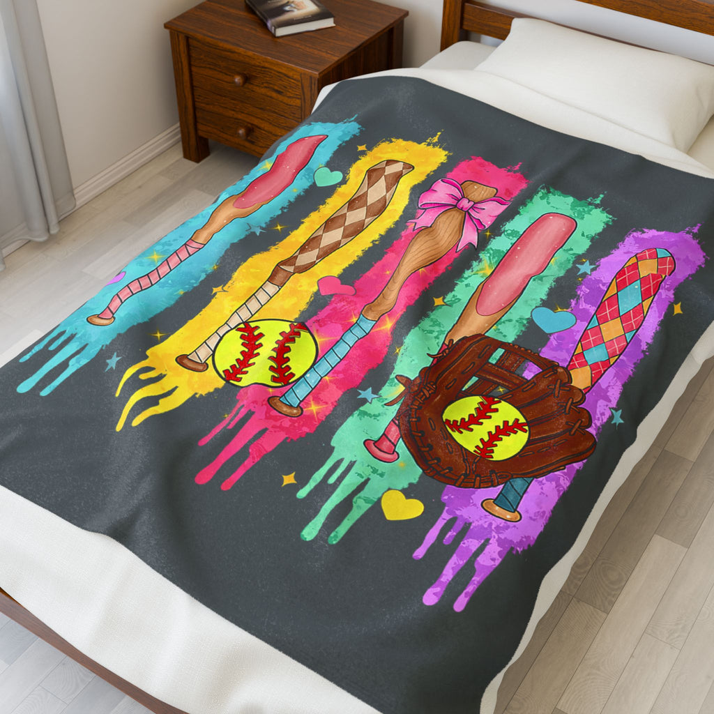 Softball Themed Velveteen Plush Blanket - Cozy Blanket for Sports Lovers