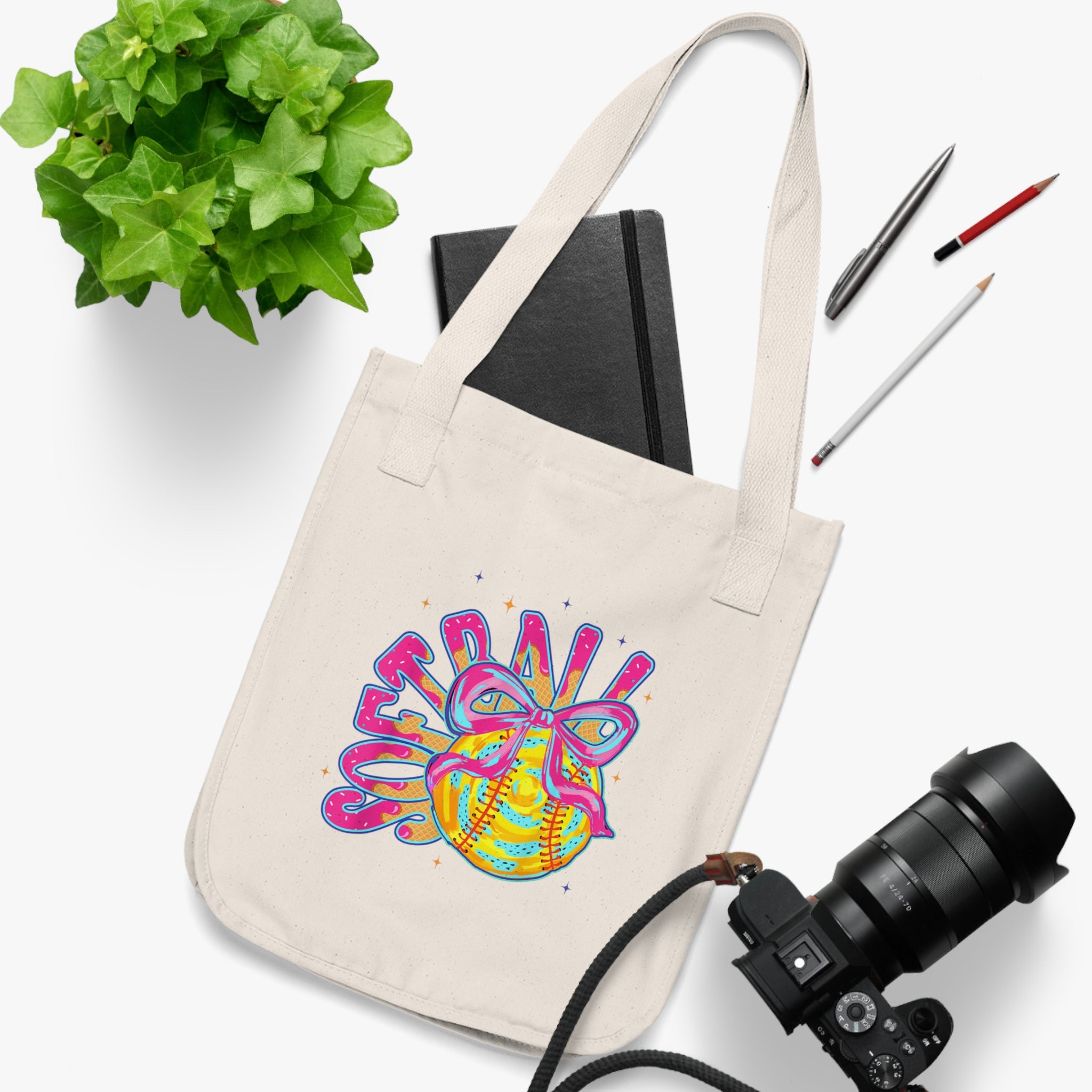 Softball Graphic Organic Canvas Tote Bag - Eco-Friendly Sports Bag