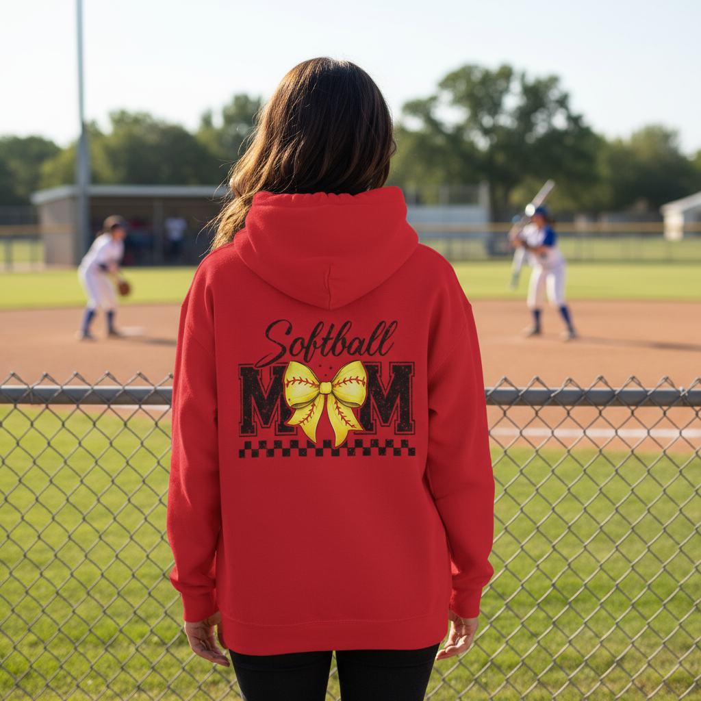 Back of red hoodie showing Softball MOM design with softball bow