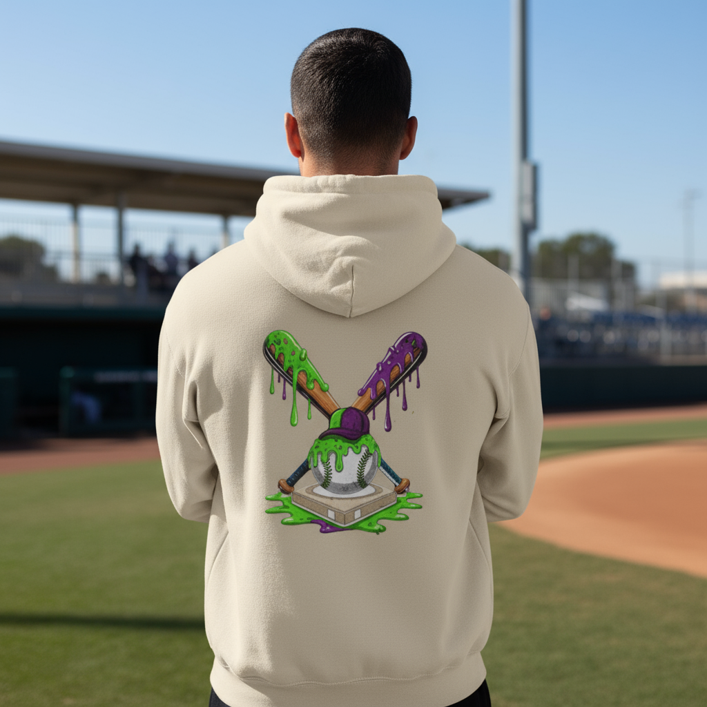 Back view of athlete wearing ice cream drip baseball hoodie