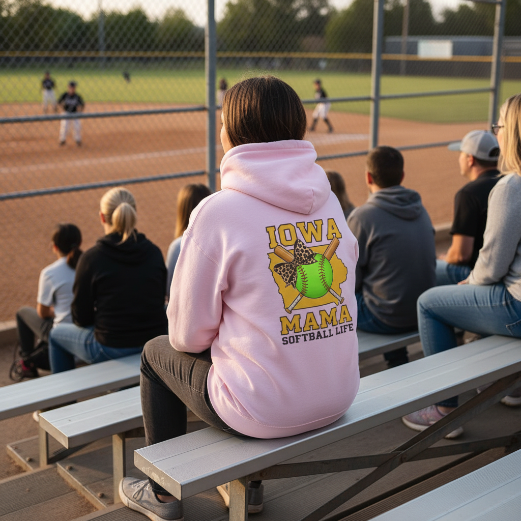 Back view of Iowa Mama sweatshirt in bleachers