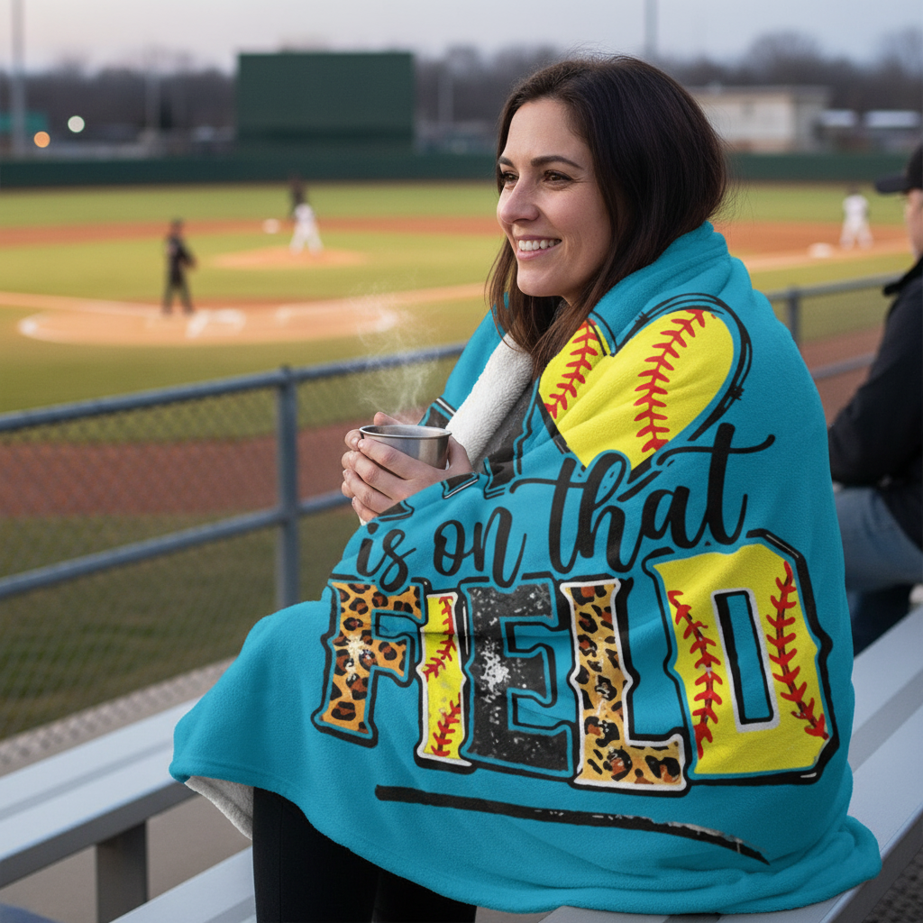 Baseball mom wrapped in blanket in bleachers at game
