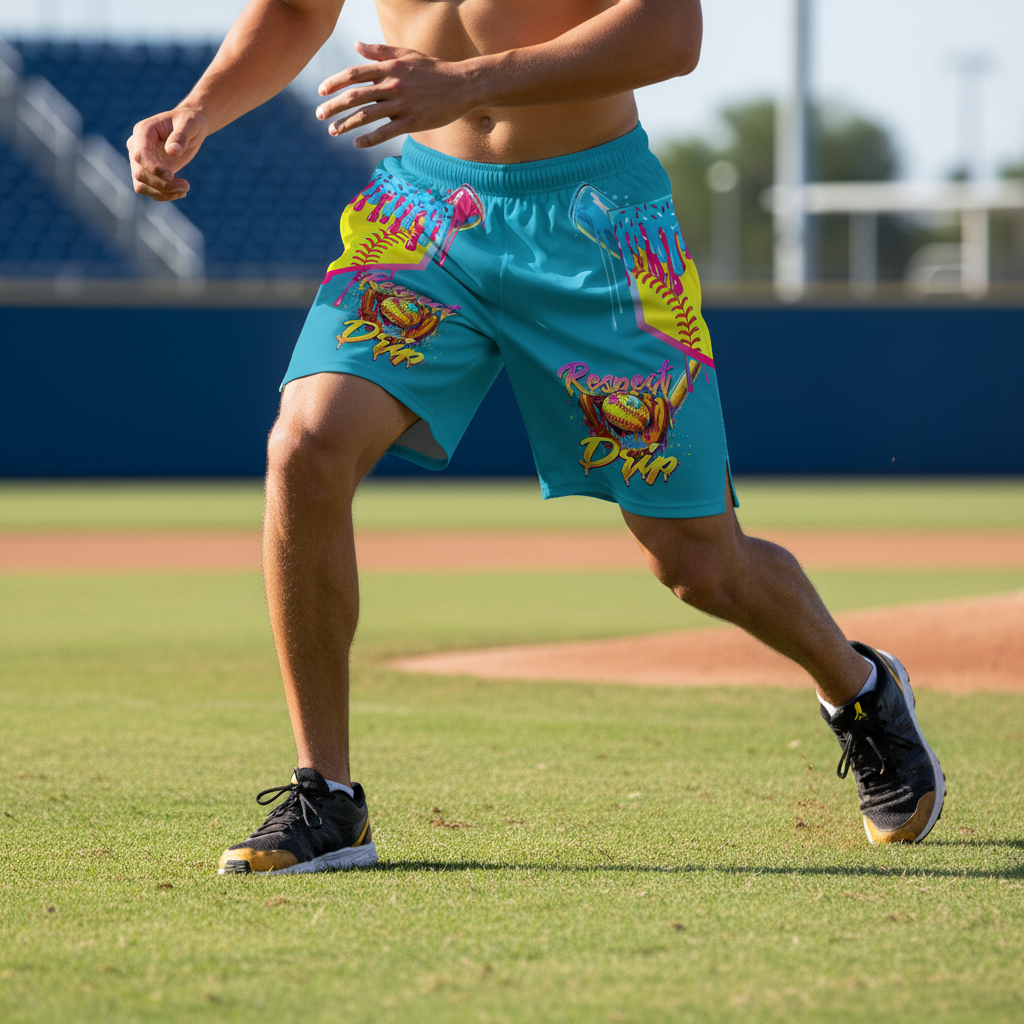 Close-up of athlete wearing baseball-themed athletic shorts