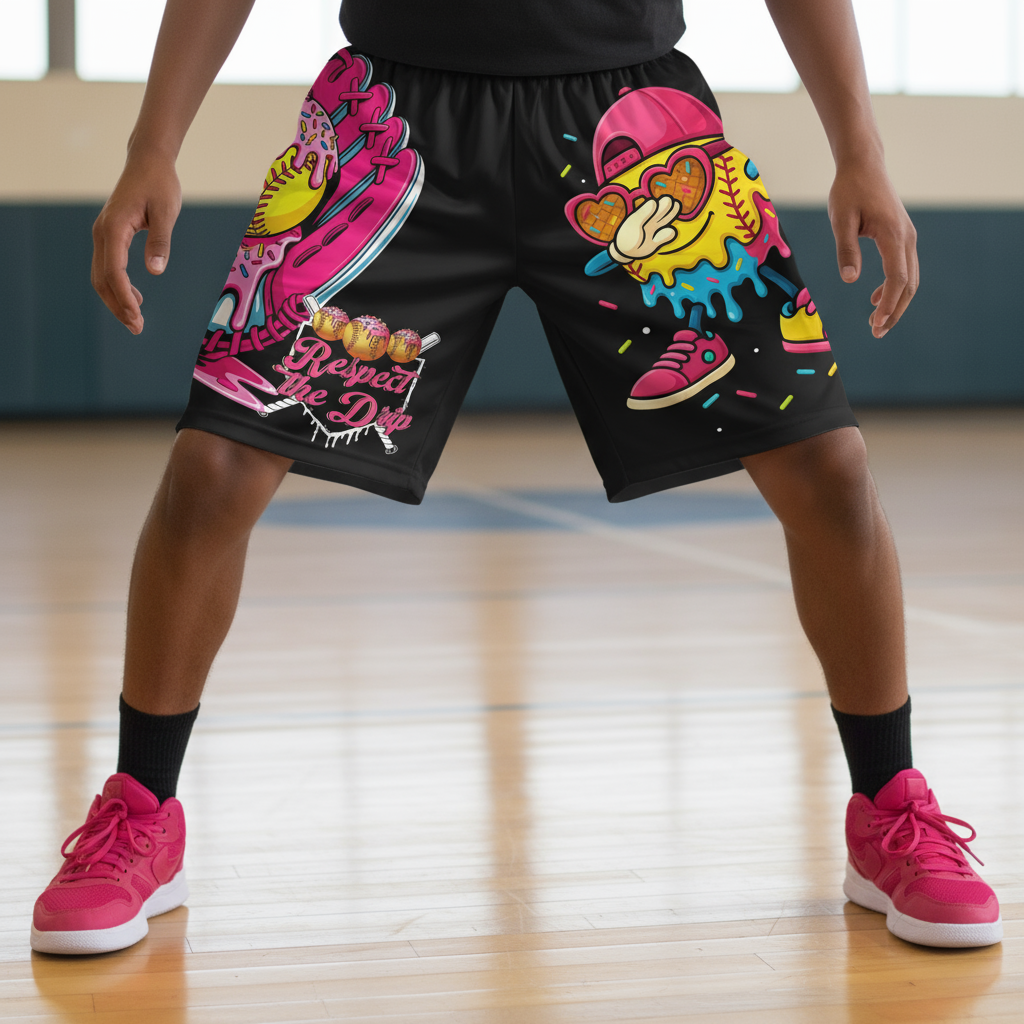 Close-up of athlete wearing colorful basketball shorts
