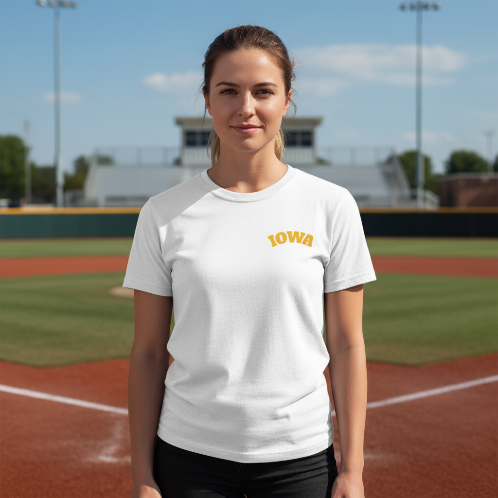 Close-up showing small pocket-sized Iowa softball logo