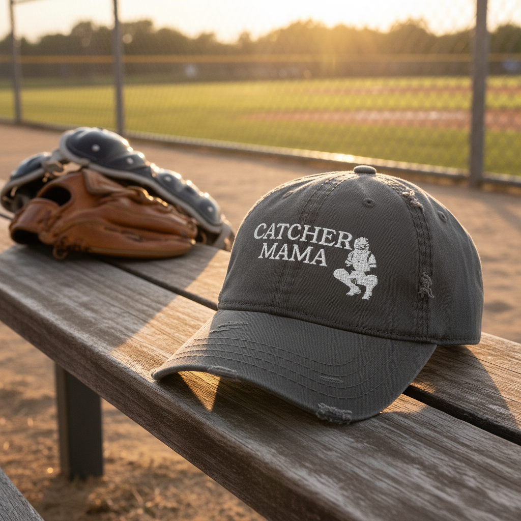 Distressed Dad Hat - Catcher Mama Embroidery in lifestyle setting