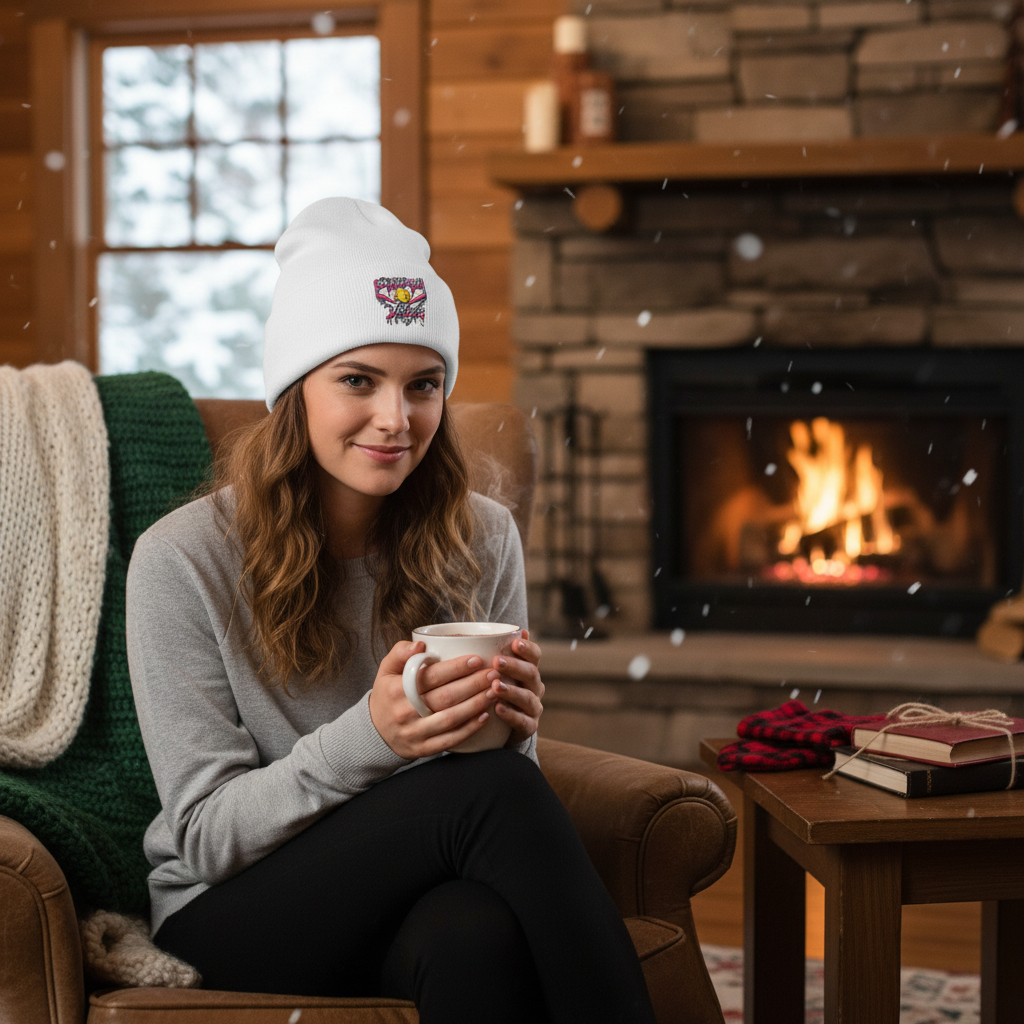 Embroidered Classic Cuffed Beanie in Cozy Winter Setting