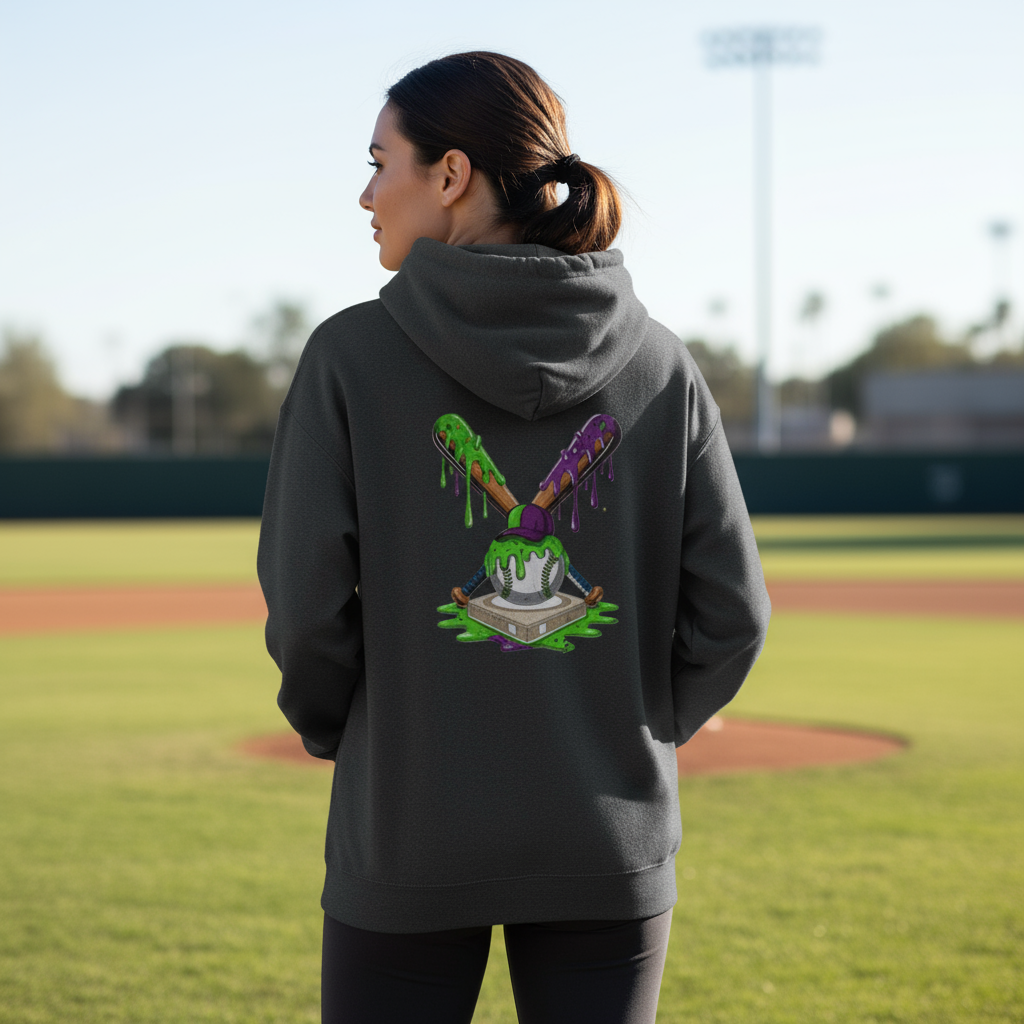 Female athlete wearing dark grey ice cream drip baseball hoodie - back view