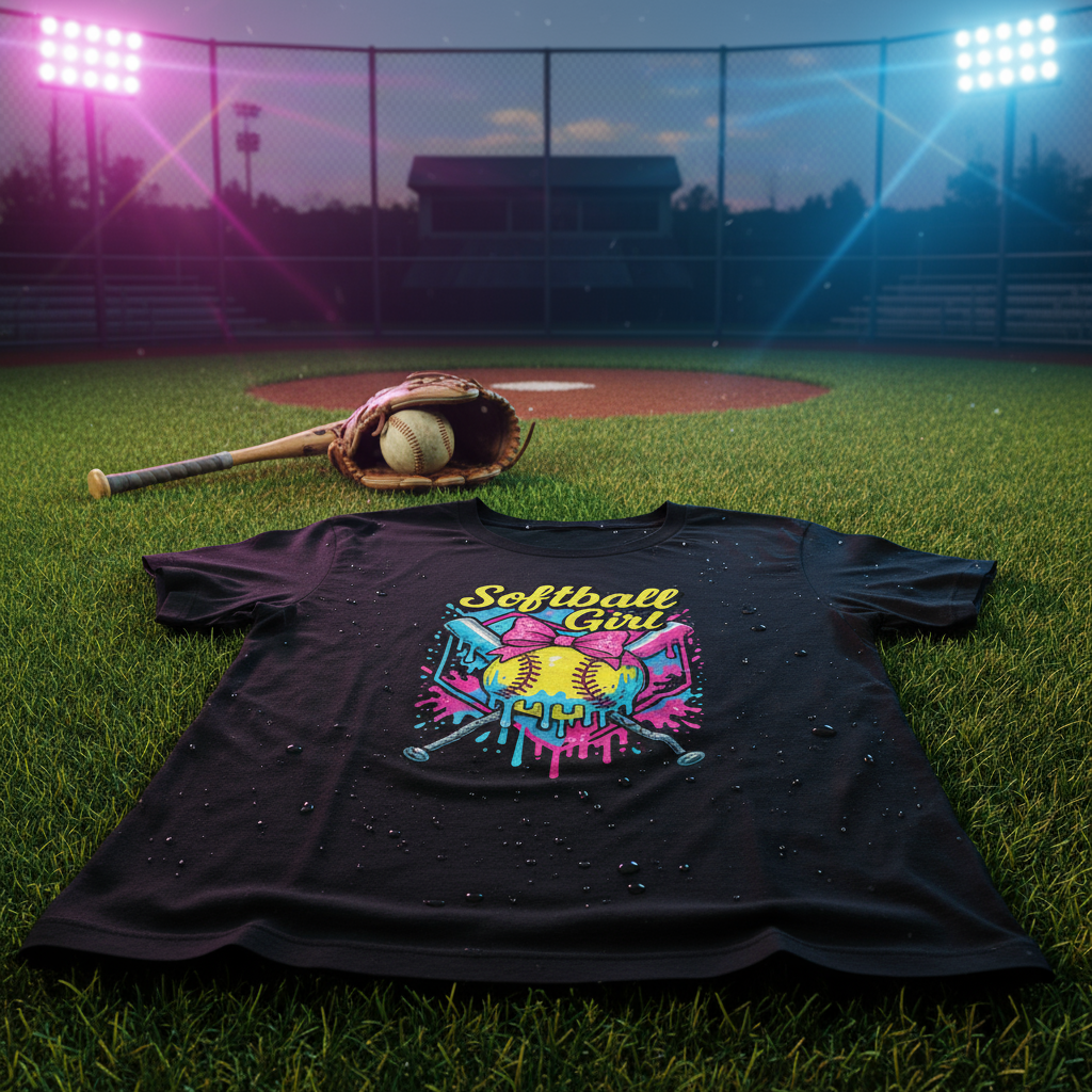 Field of Dreams SOFTBALL GIRL Neon Drip Tee in athletic setting