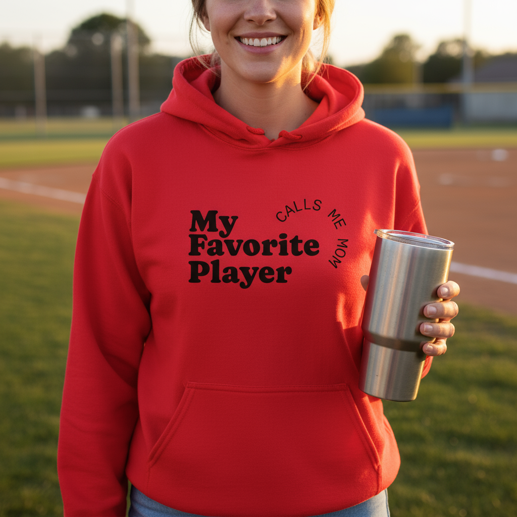 Front of hoodie showing My Favorite Player Calls Me Mom text