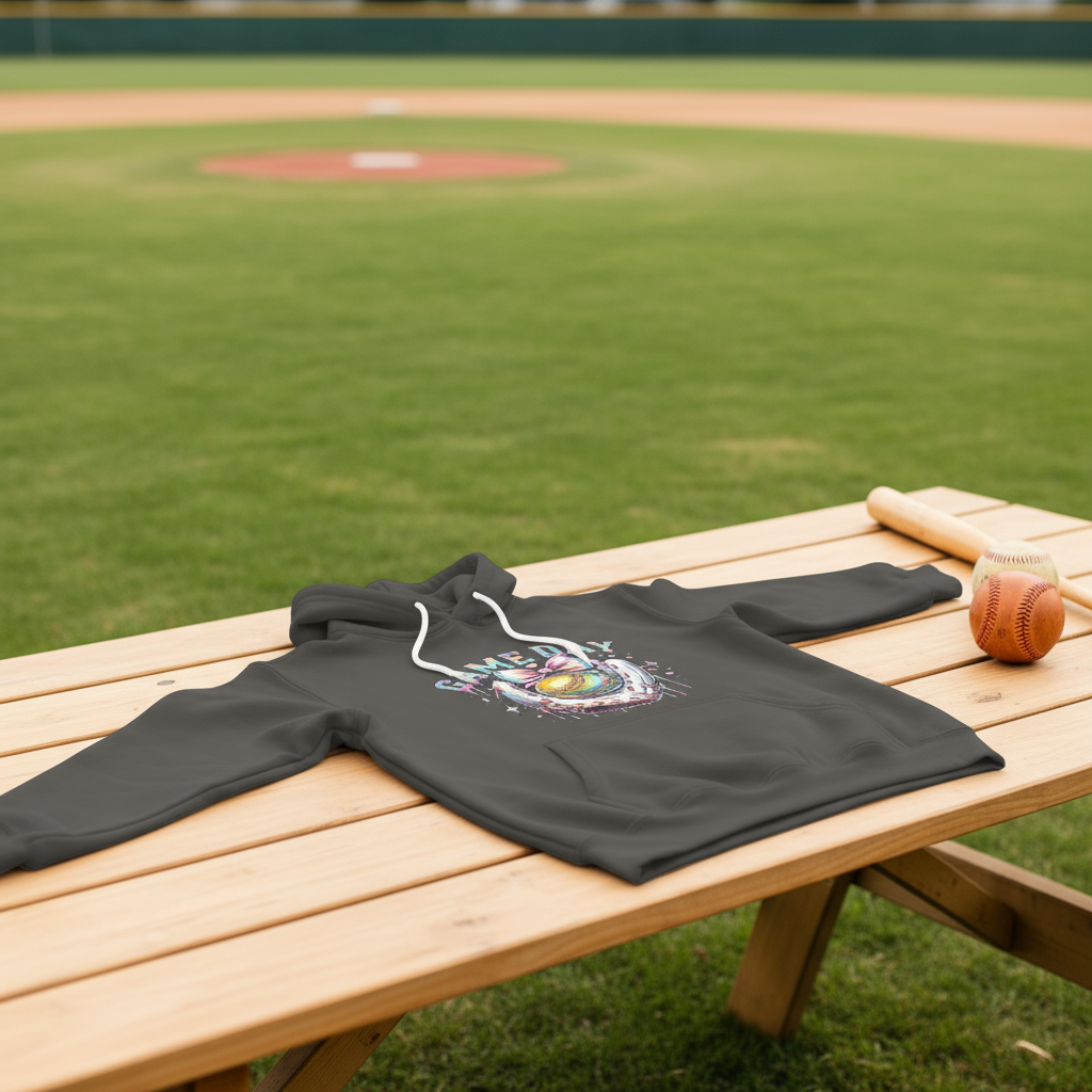 Game Day Glitter Pastel Softball Baseball Glove Hoodie in Professional Sports Setting