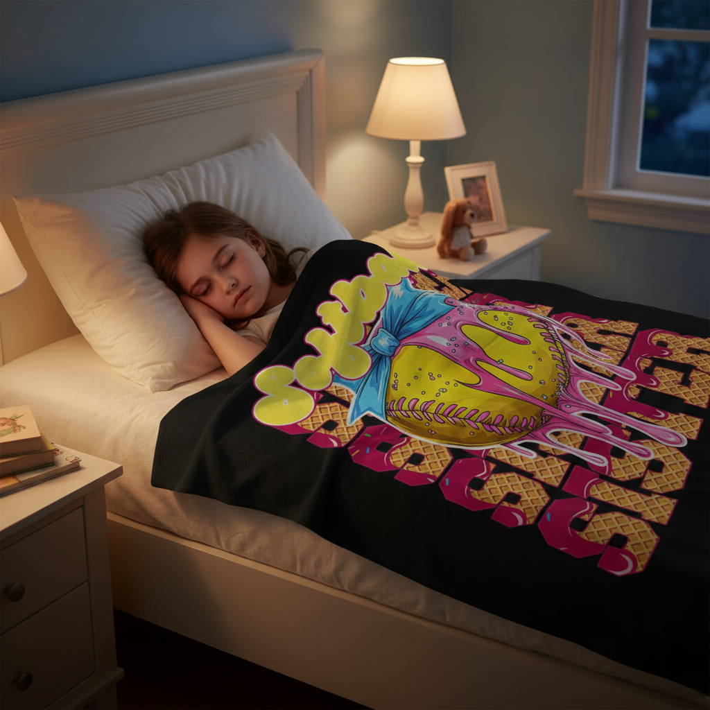 Girl sleeping peacefully with Softball Sister blanket