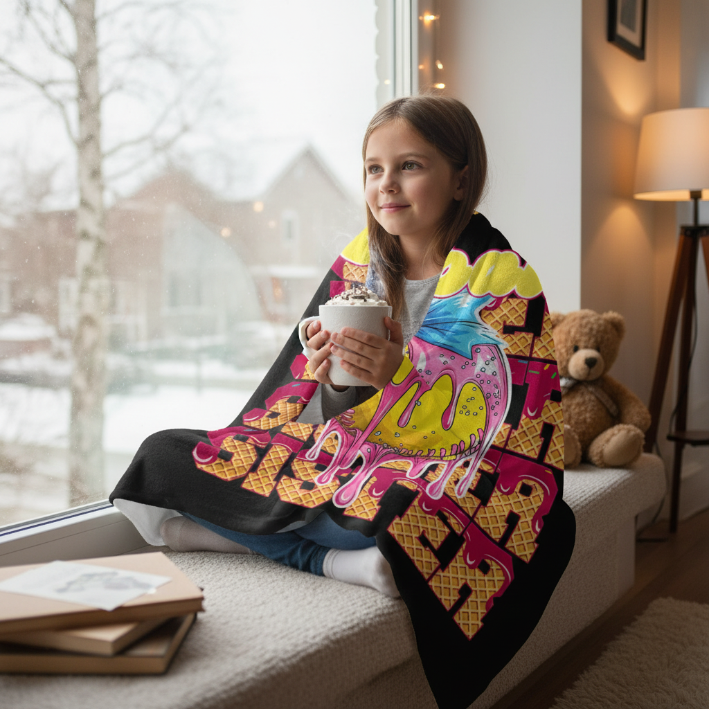 Girl with hot chocolate and Softball Sister blanket