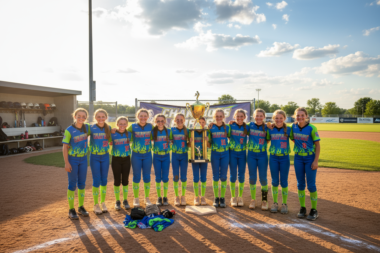 Girls softball team celebrating with trophy in custom jerseys