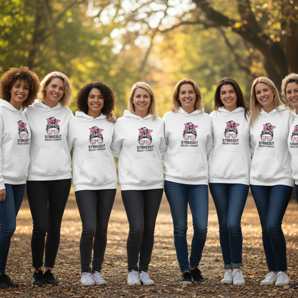 Group of women in breast cancer awareness hoodies showing solidarity