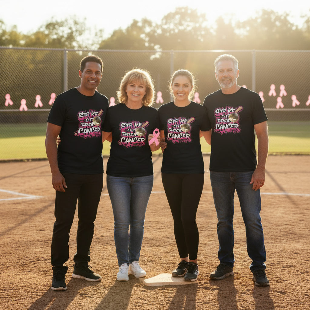 Group wearing Strike Out Breast Cancer shirts showing community support