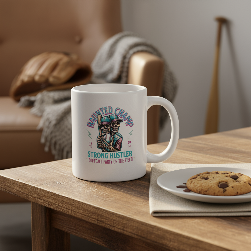 Haunted Champ Strong Hustler Softball Mug in Cozy Setting