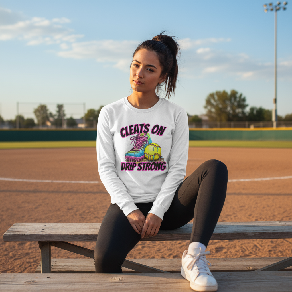 Cleats On Drip Strong Long Sleeve Tee - Softball Shirt