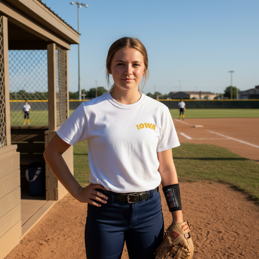 Iowa softball player wearing tee with small pocket logo