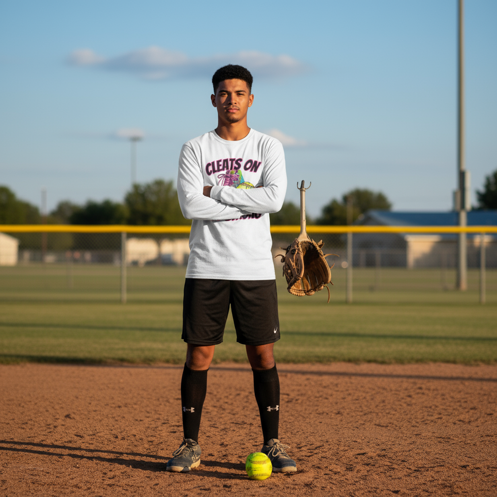 Man wearing Cleats On Drip Strong long sleeve tee