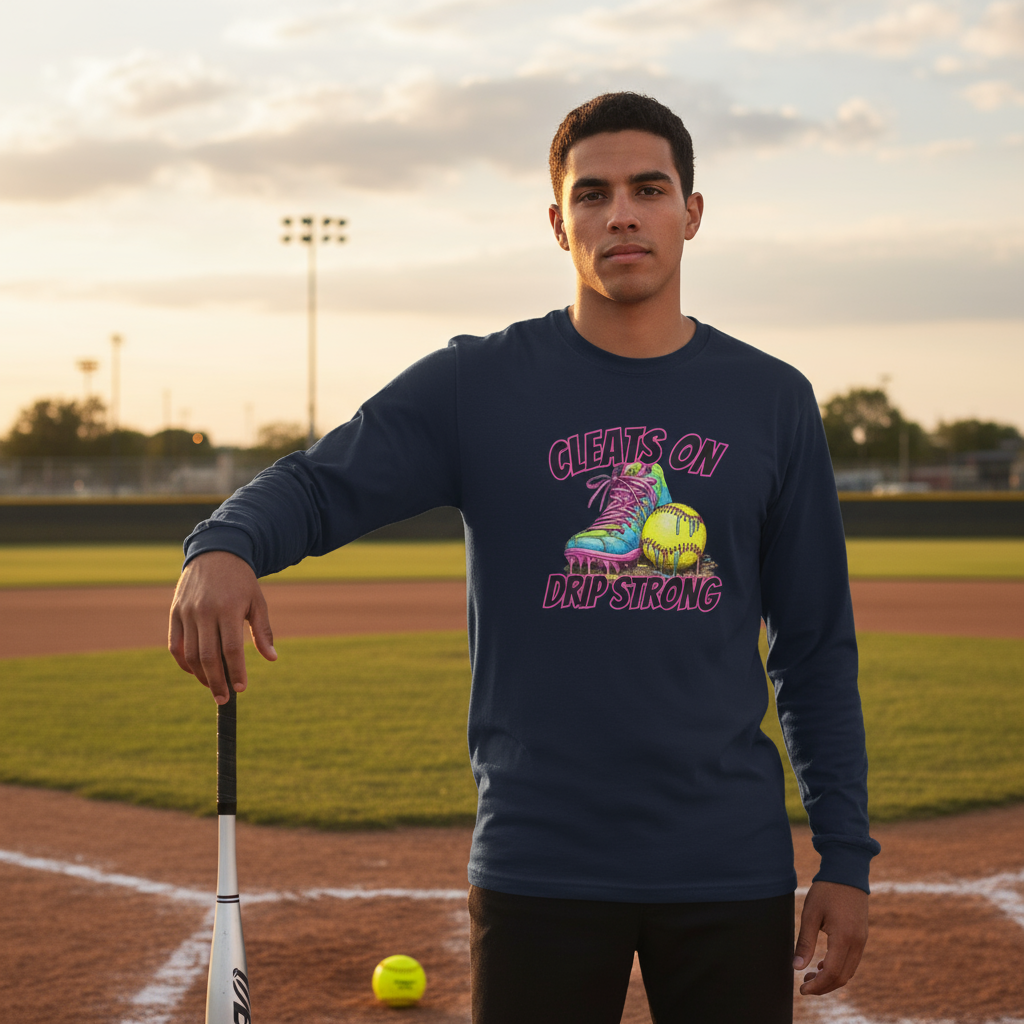 Man wearing dark Cleats On Drip Strong long sleeve tee