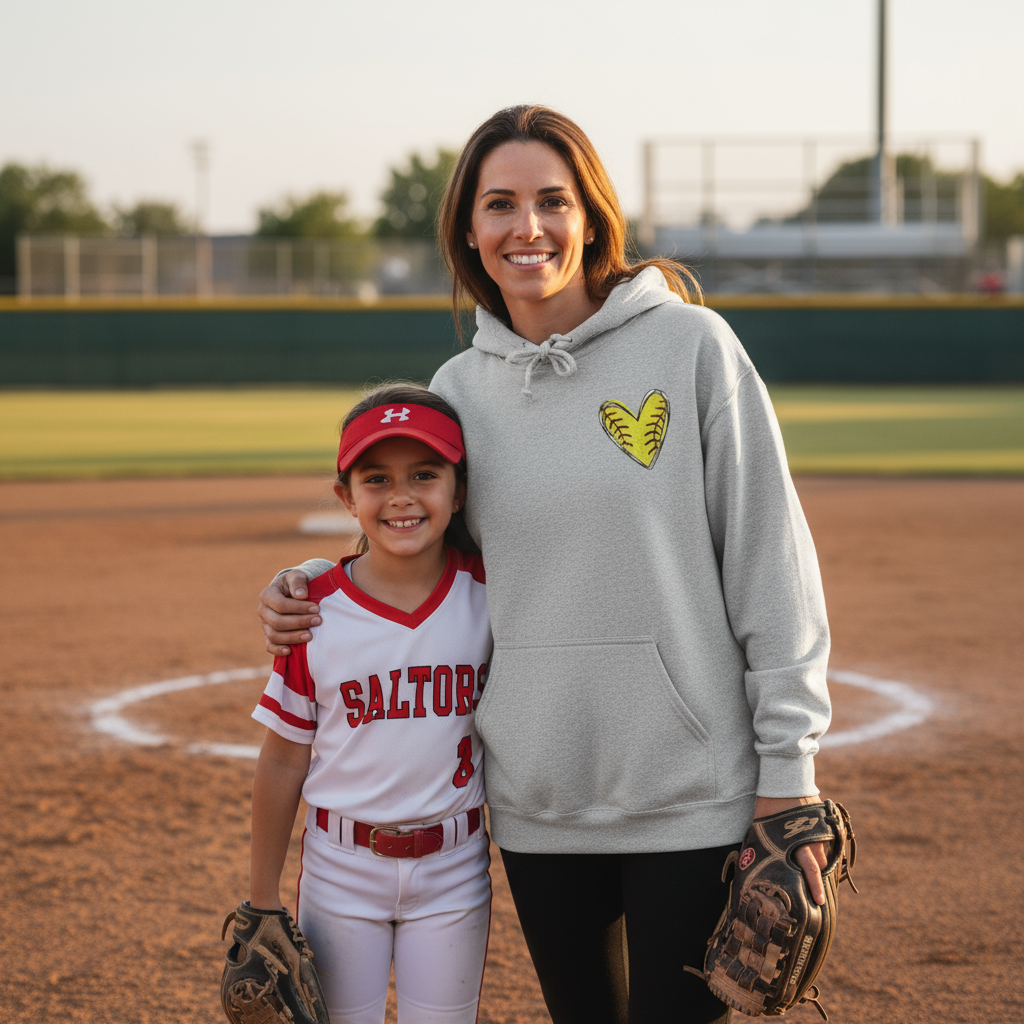 Mom and daughter together, mom wearing bandana heart hoodie