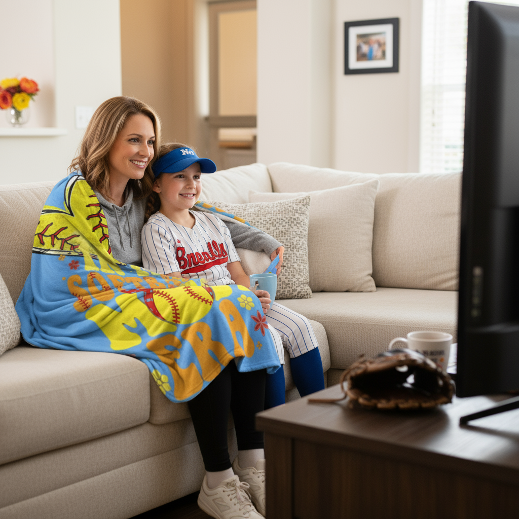 Mom and daughter together wrapped in softball mom era blanket