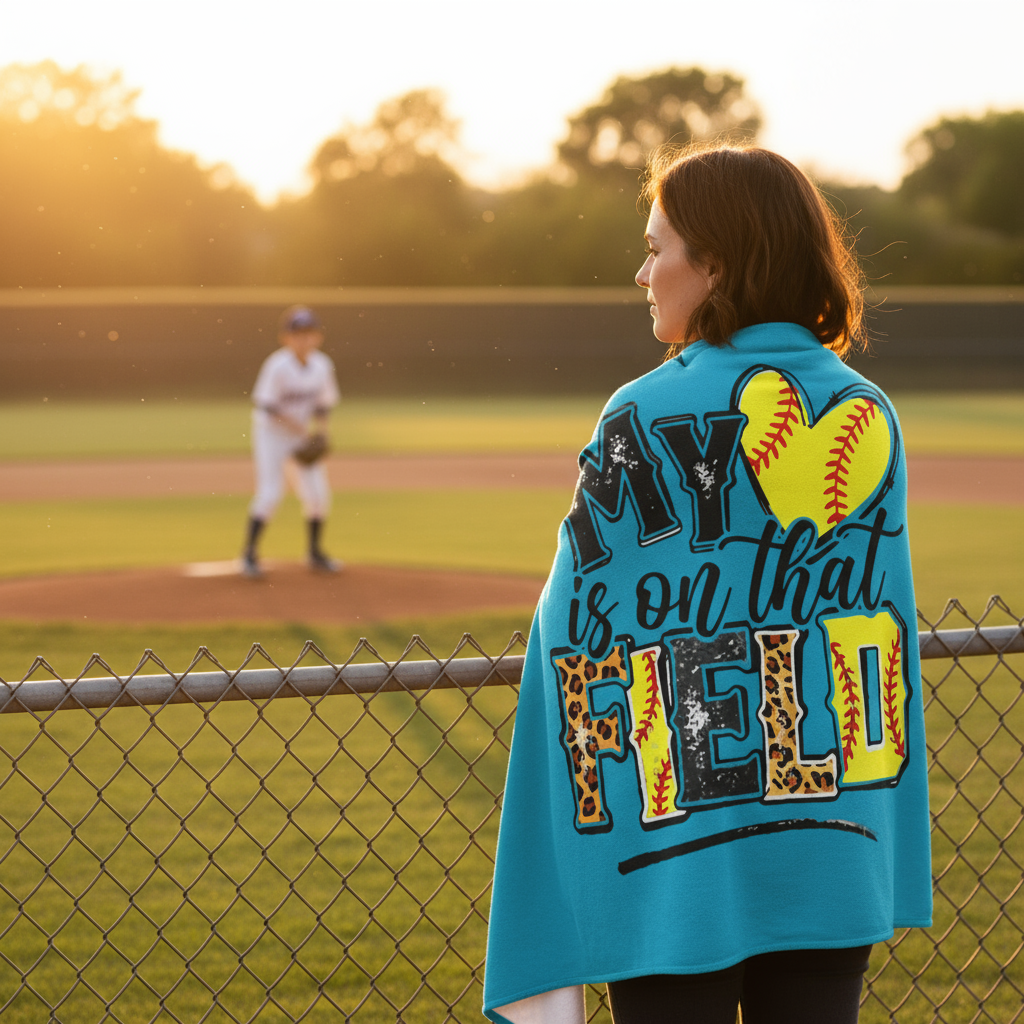 Mom at fence watching son play, wrapped in blanket