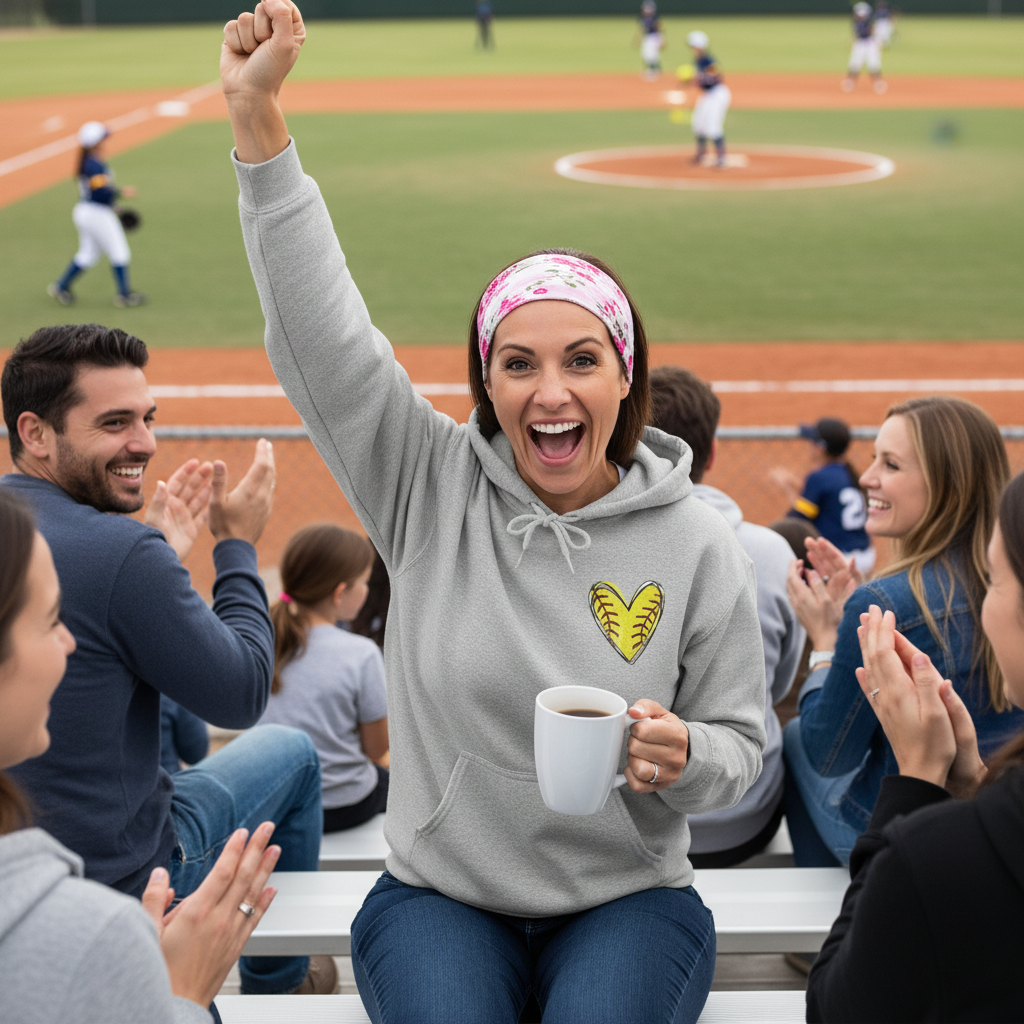 Mom cheering at game wearing softball bandana heart hoodie