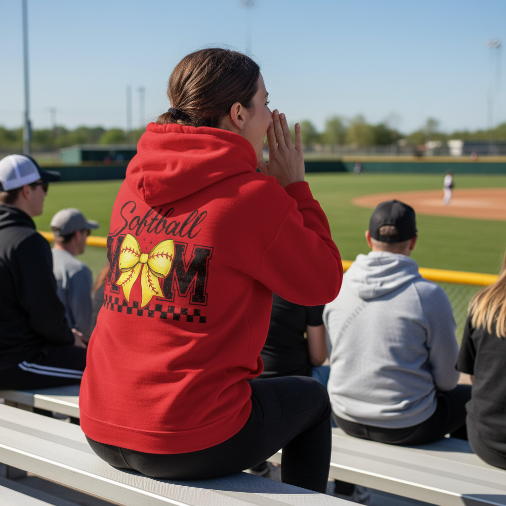 Mom in bleachers wearing softball mom hoodie from behind