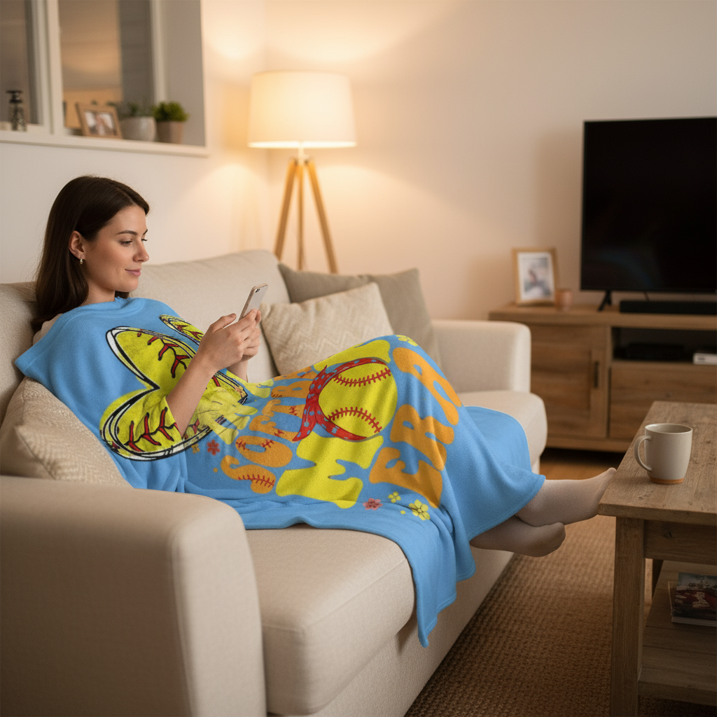 Mom relaxing on couch with In My Softball Mom Era blanket