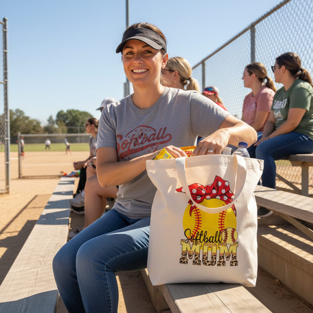 Mom using tote bag at game in bleachers