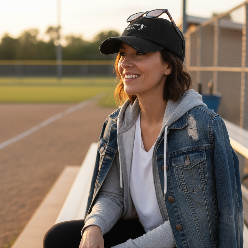 Mom wearing PITCHER MAMA cap at softball field