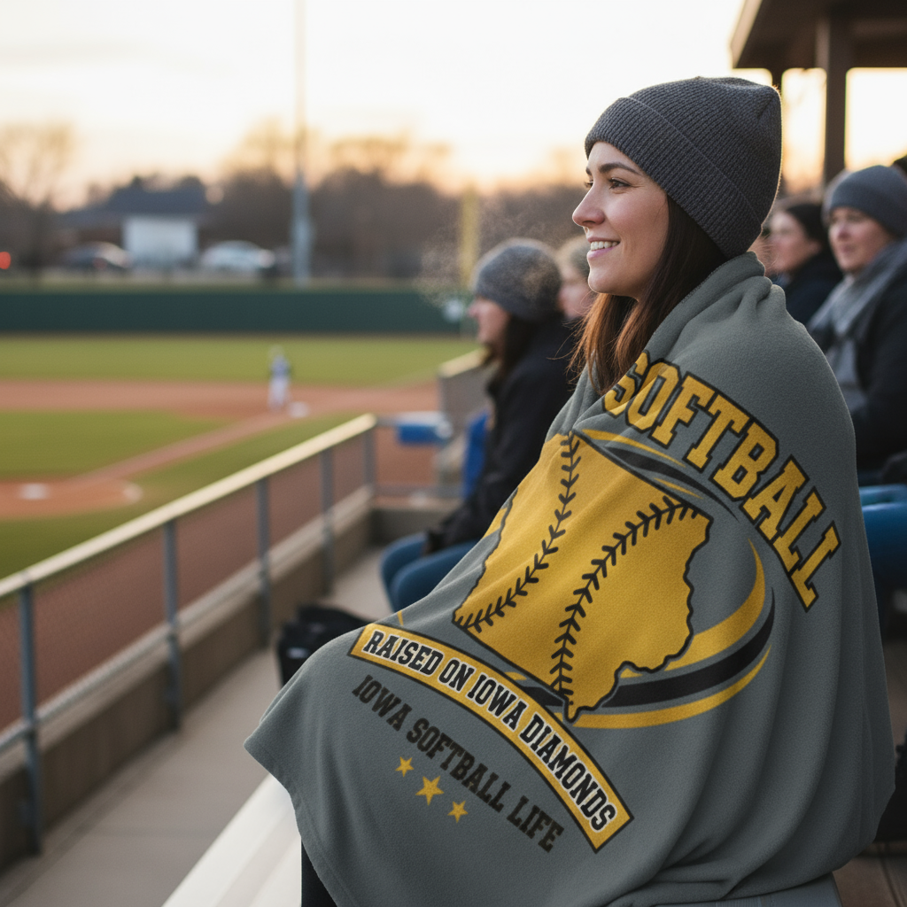 Mom wrapped in Iowa softball blanket at outdoor game