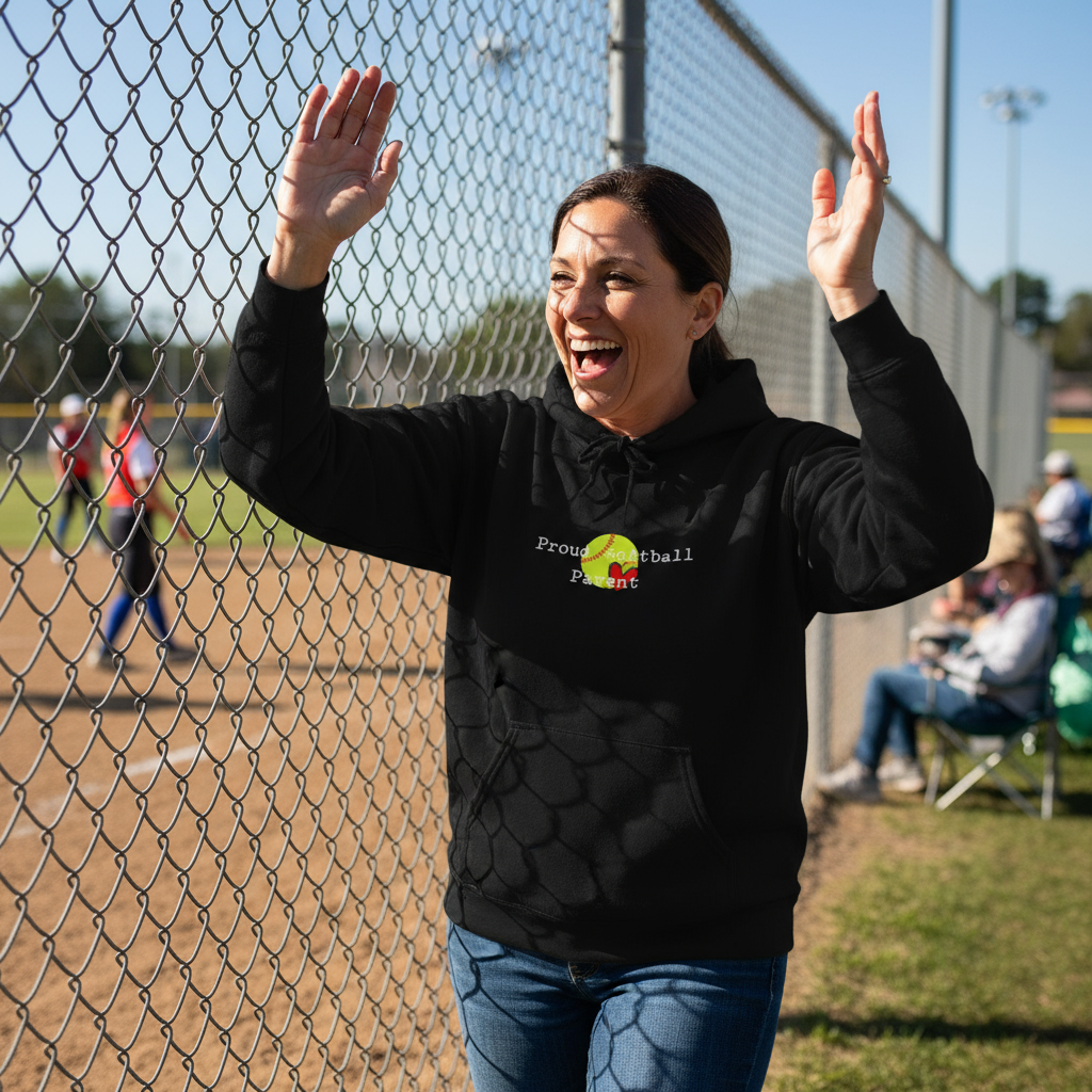 Parent wearing hoodie at field