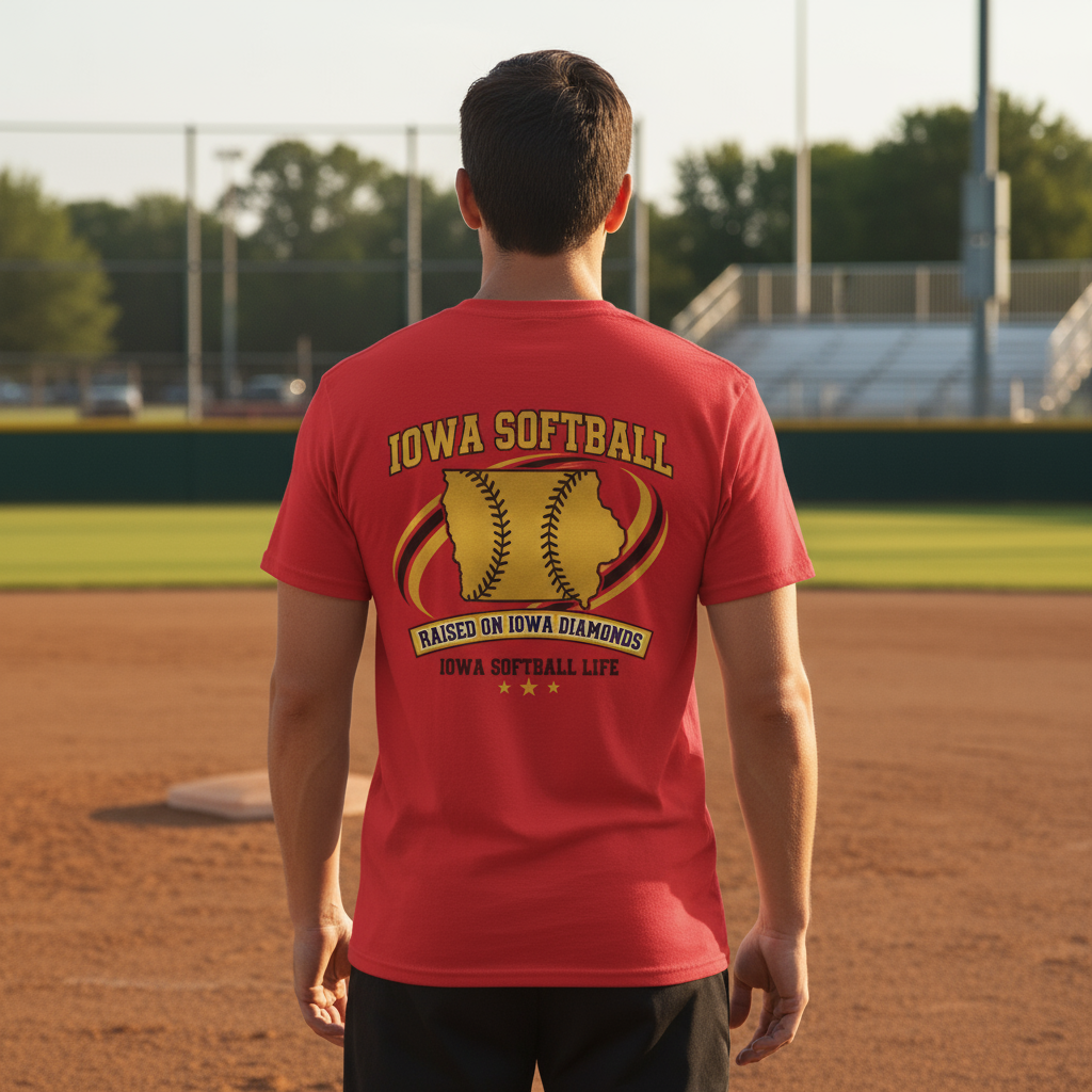 Parent wearing Iowa softball shirt showing back design