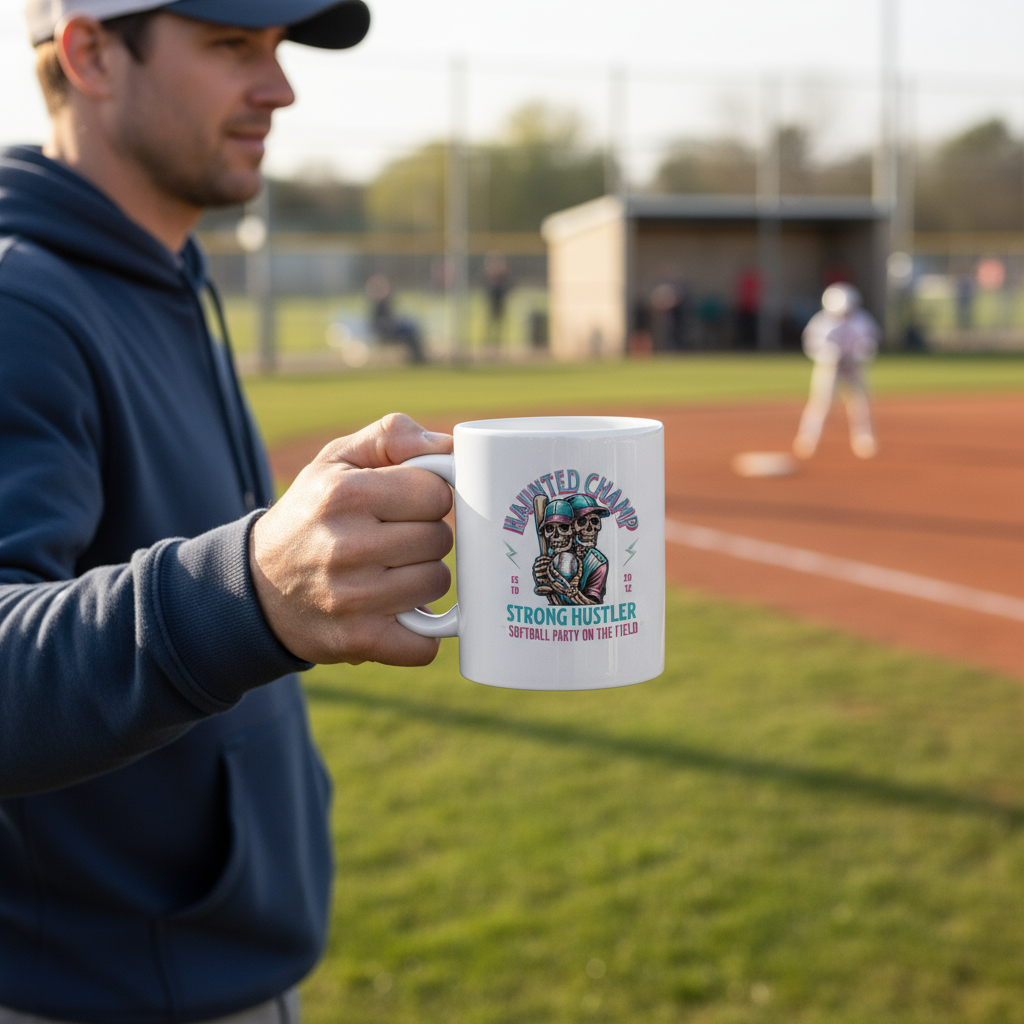 Person Holding Haunted Champ Softball Mug at Field