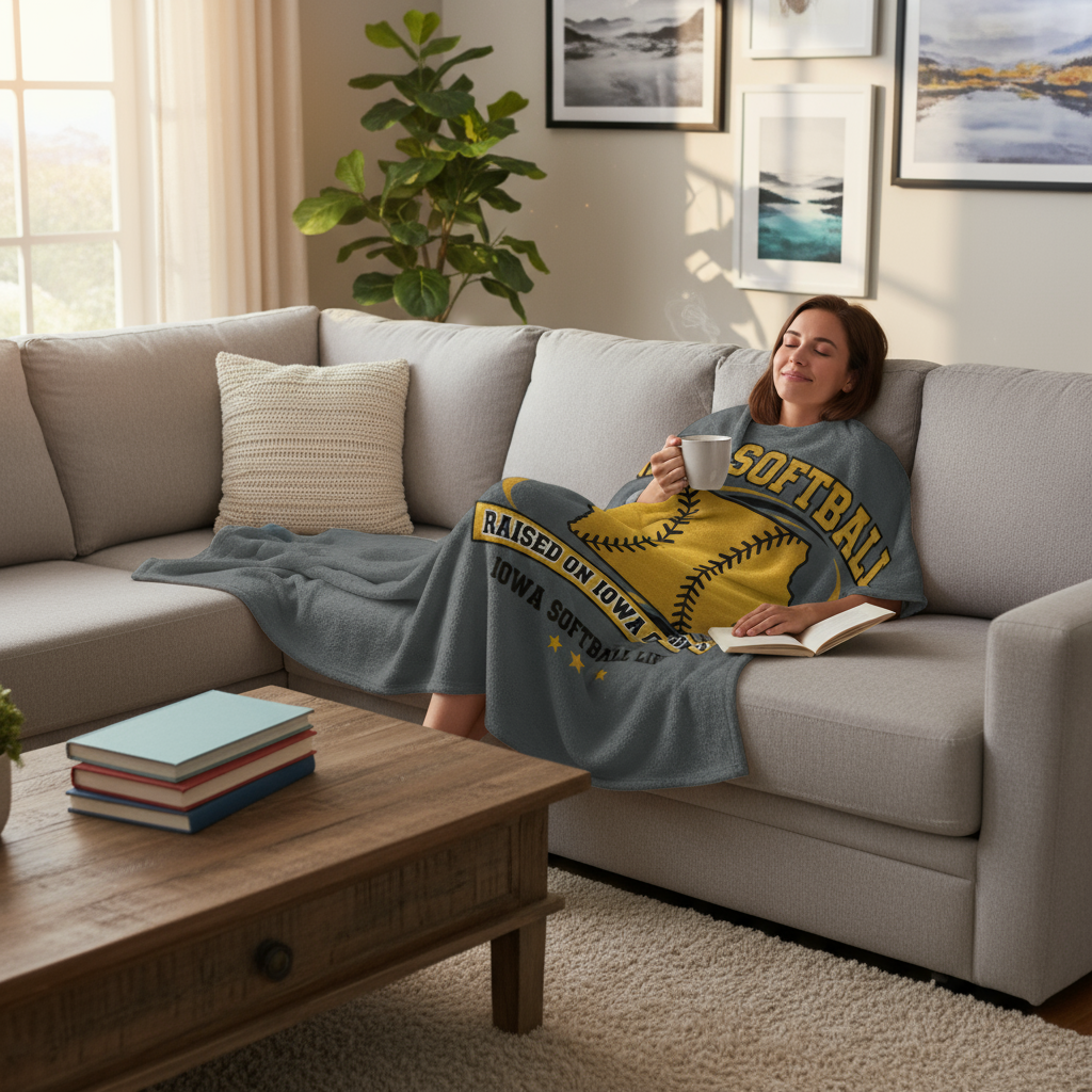 Person relaxing on couch with Iowa softball blanket