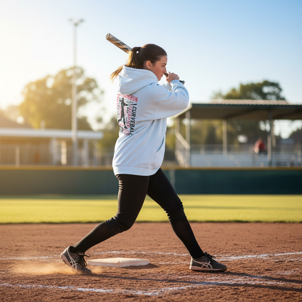 Player in action wearing softball typography hoodie