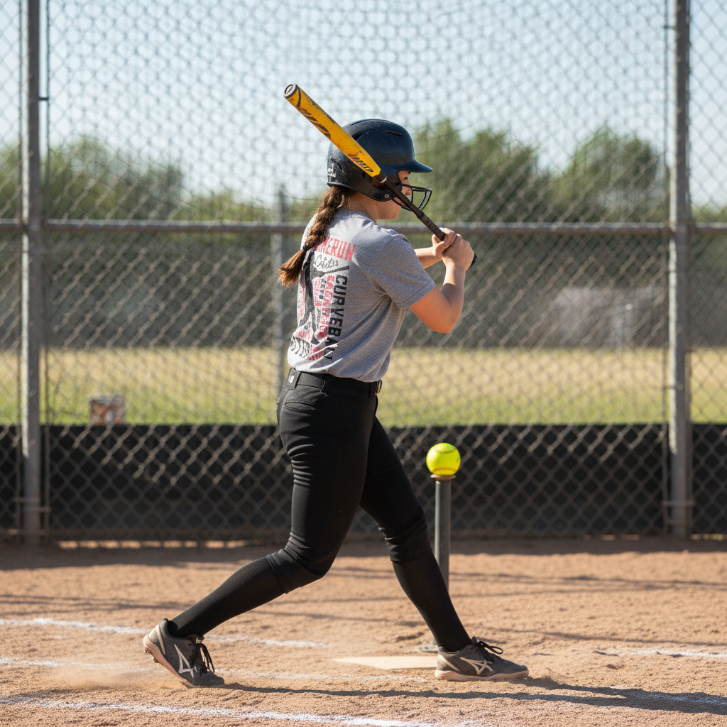 Player in batting stance wearing softball typography tee