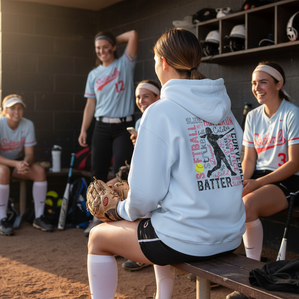 Player in dugout wearing softball typography hoodie