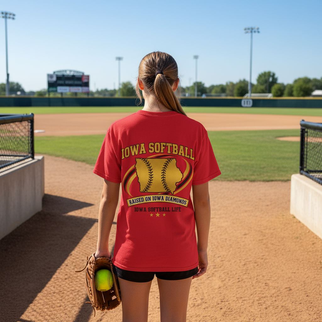 Player wearing Iowa softball tee showing back design at field