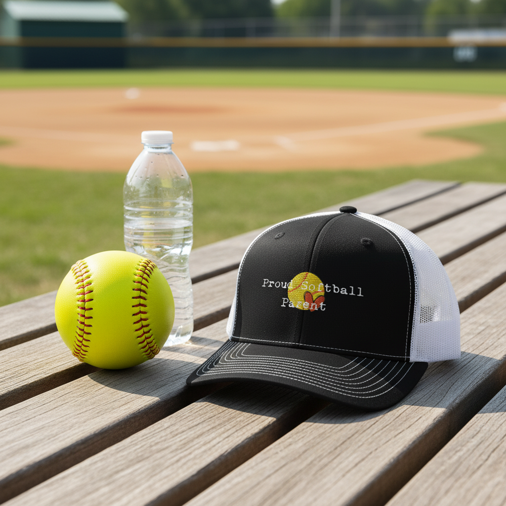 Proud Softball Parent Snapback Trucker Cap in Outdoor Sports Setting