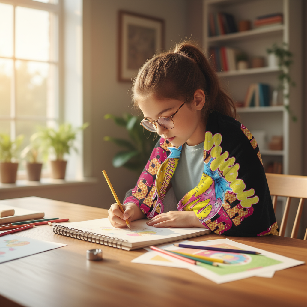 Sister doing homework wrapped in blanket