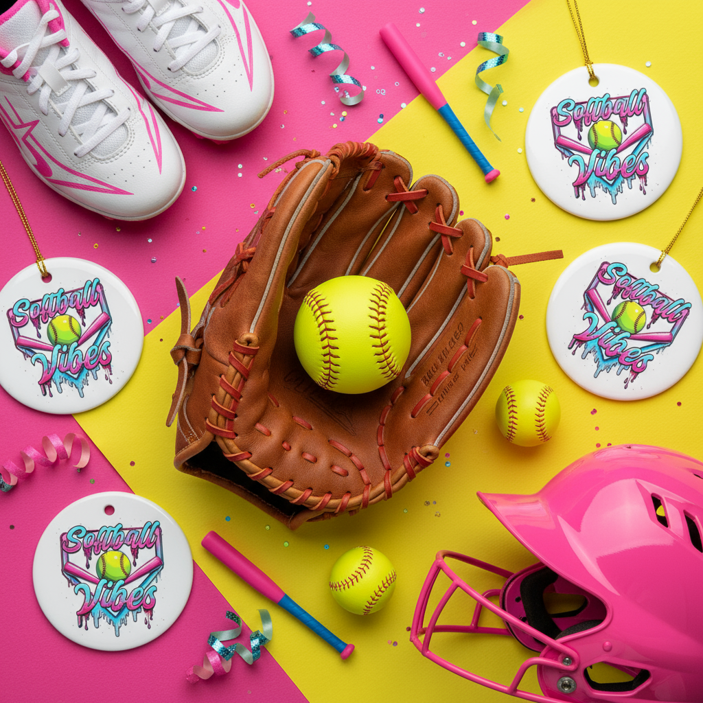 Softball equipment flat lay