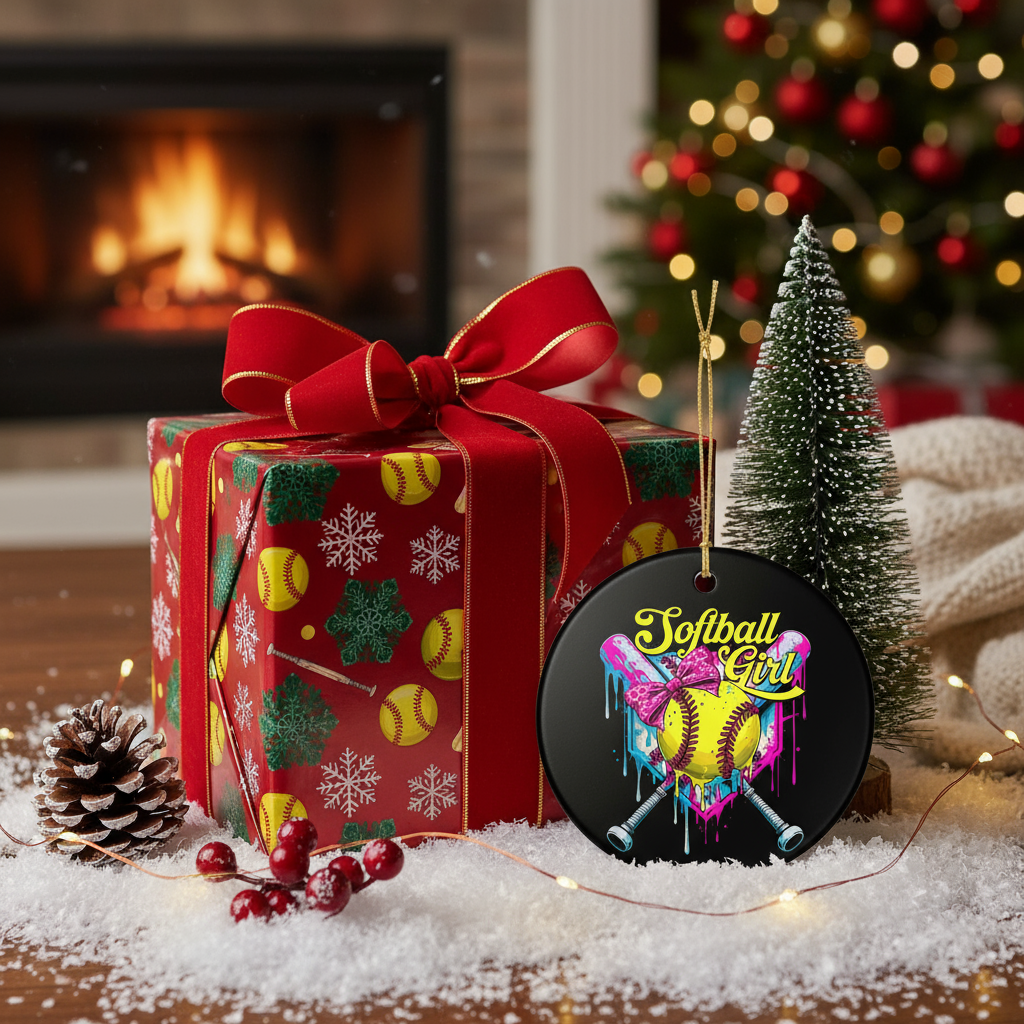 Softball Girl Ornament as Wrapped Gift
