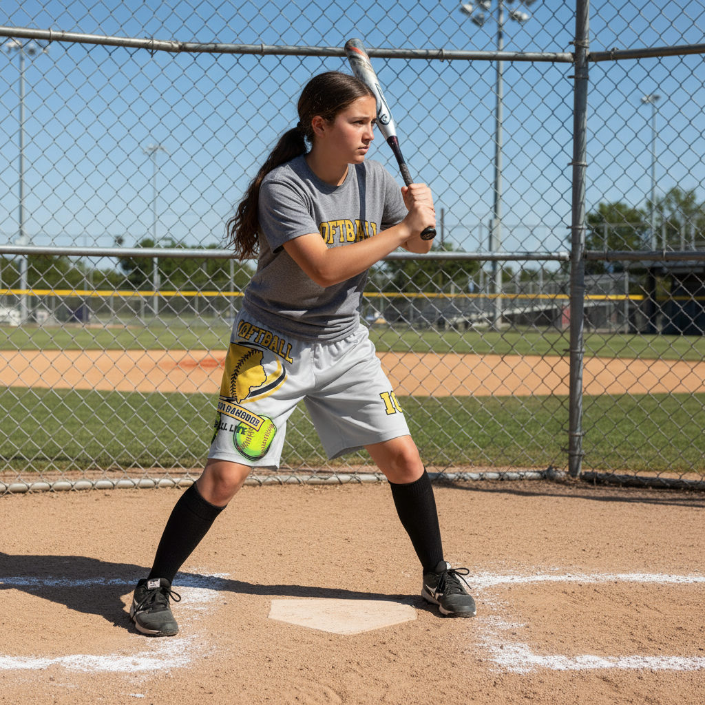 Softball girl wearing Iowa shorts at batting practice