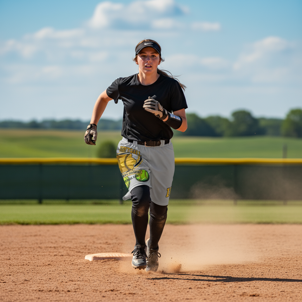 Softball girl wearing Iowa shorts running bases