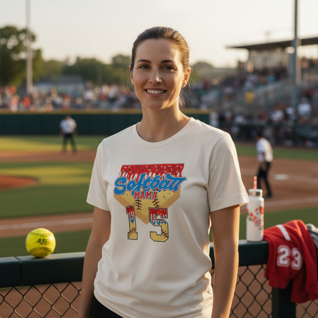 Softball Mama Drip Style Tee in Professional Game Day Setting