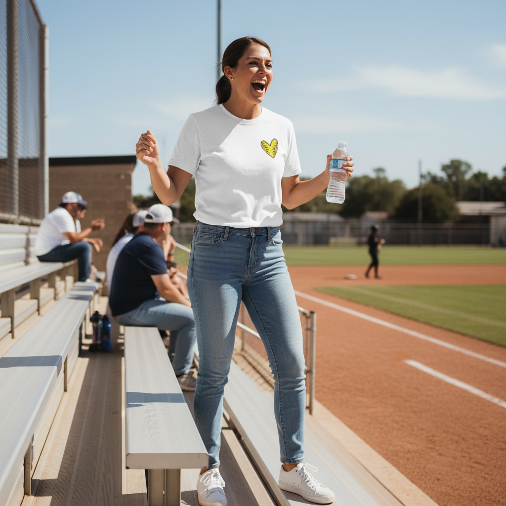 Softball Mom at Bleachers wearing yellow heart tee